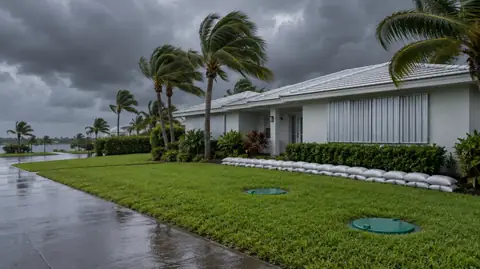 A shuttered single-story home with sandbags along the yard and two green septic lids in the lawn as palms bend under dark storm clouds