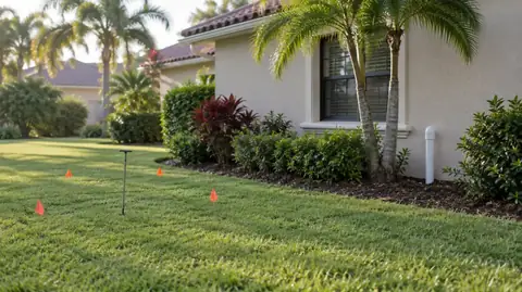 A steel probe rod and small orange marker flags outlining a buried septic tank in the front lawn of a stucco home