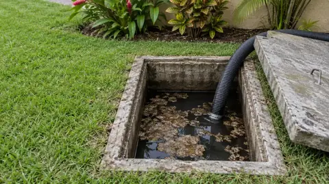 A black suction hose lowered into an open rectangular concrete septic tank with a broken brown scum layer, the lid leaning on the grass