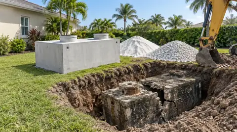 A cracked old concrete septic tank in an excavation with a new precast tank waiting on the lawn and an excavator bucket at the edge