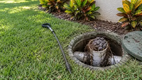 An open septic tank inlet with a white PVC tee choked with tree roots and grey debris, a drain auger lying on the lawn beside it