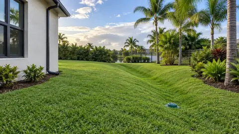 A regraded backyard with a grassed swale curving away from the house and a small green pop-up drain emitter in the lawn