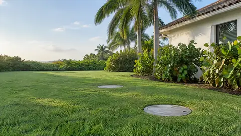 Two round concrete septic tank lids set in a mowed lawn beside a white stucco South Florida home with palms