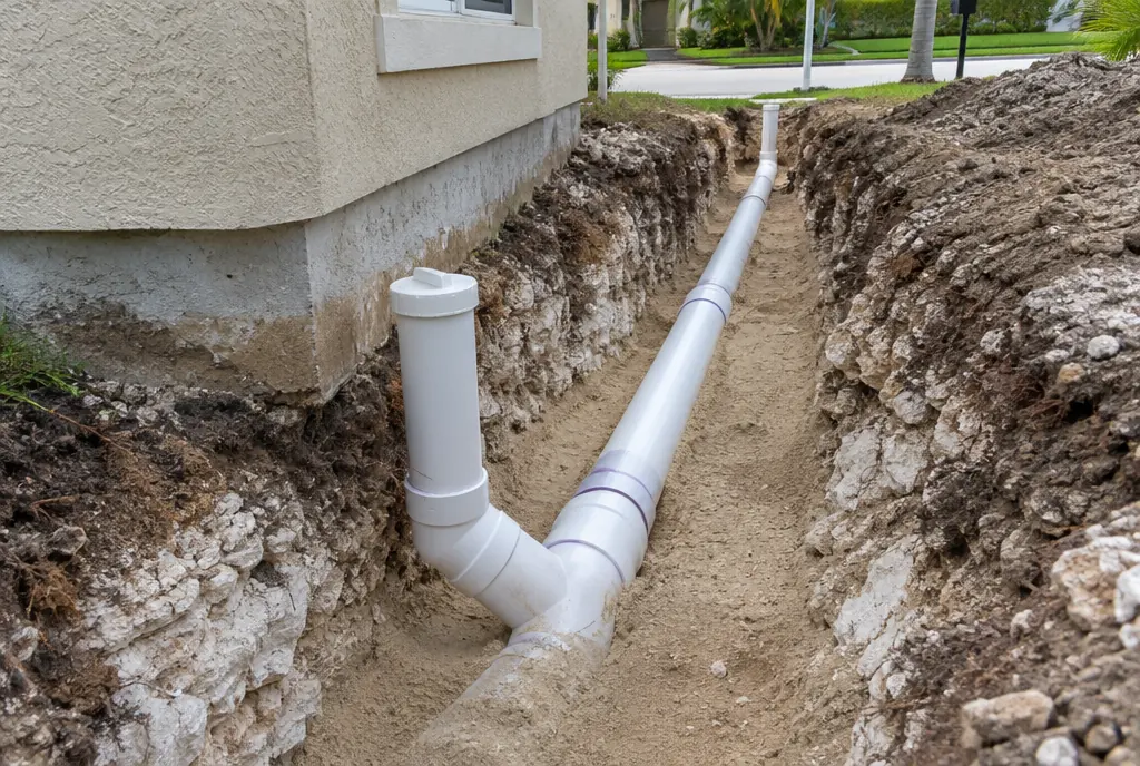 An open trench beside a house with a white PVC sewer lateral, a wye fitting and a cleanout riser on sand bedding