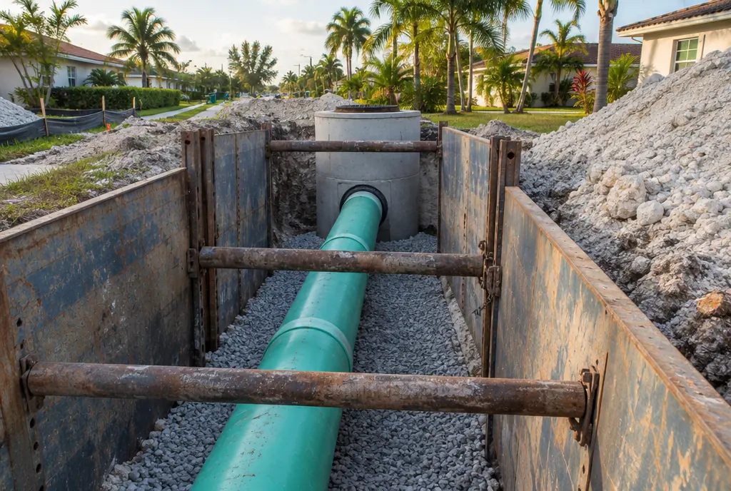 A green PVC gravity sewer main on gravel inside a shored street trench leading to a concrete manhole