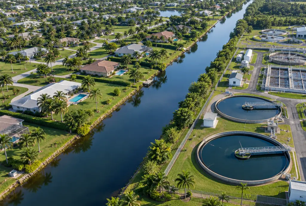 An aerial view of homes on large lots on one side of a canal and a wastewater treatment plant with round clarifiers on the other