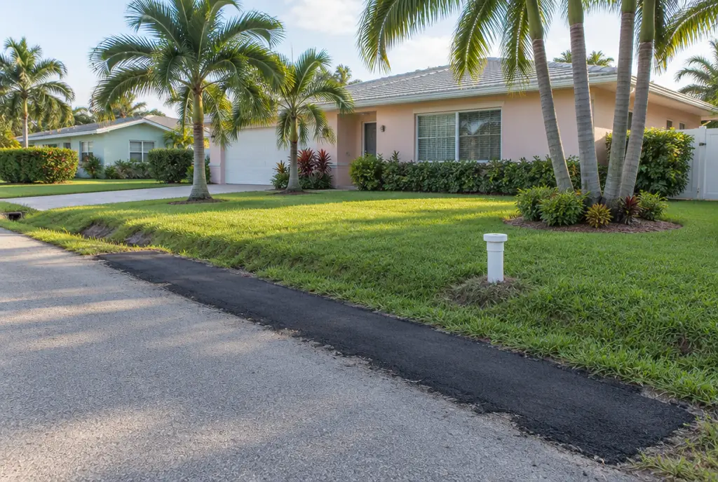A freshly patched trench along a street swale and a new white sewer cleanout in fresh sod in front of a pastel stucco home