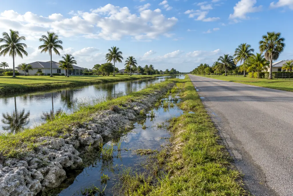 A rural road beside a canal with exposed limestone and standing water in the roadside ditch, homes on large lots beyond