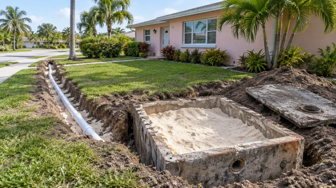 An old concrete septic tank filled with clean sand in a front-yard excavation, a new white sewer lateral running toward the street