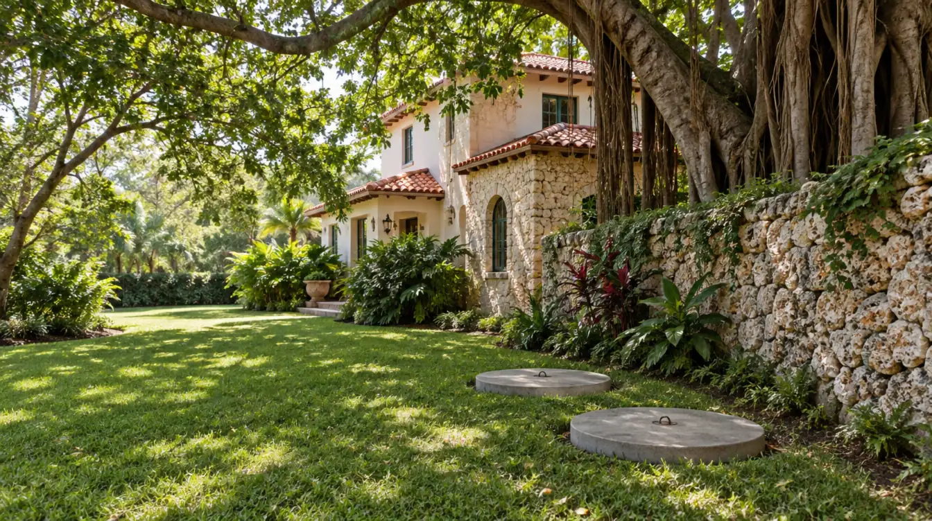 A Mediterranean-style coral rock home under a banyan tree with two round concrete septic lids in the side lawn by a coral rock wall
