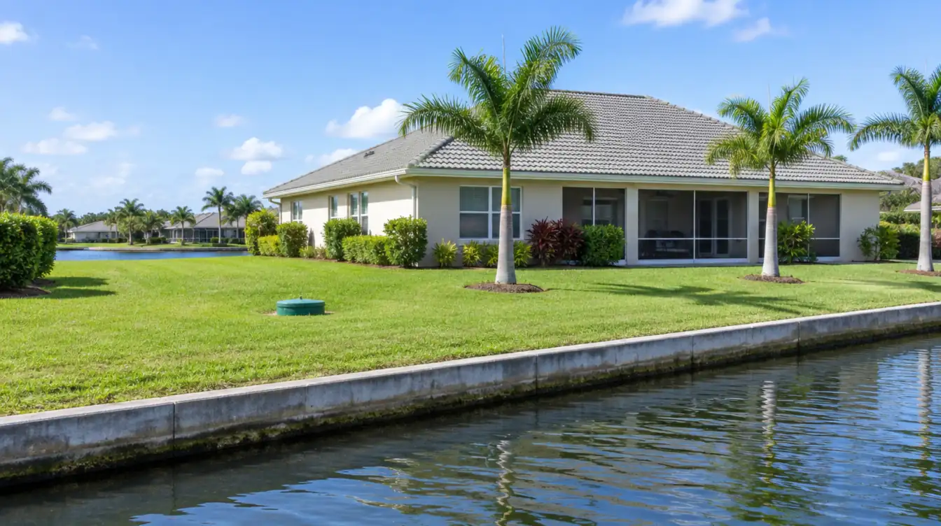 A single-story home with a grey tile roof beside a canal with a concrete bank, a green septic riser lid in the lawn
