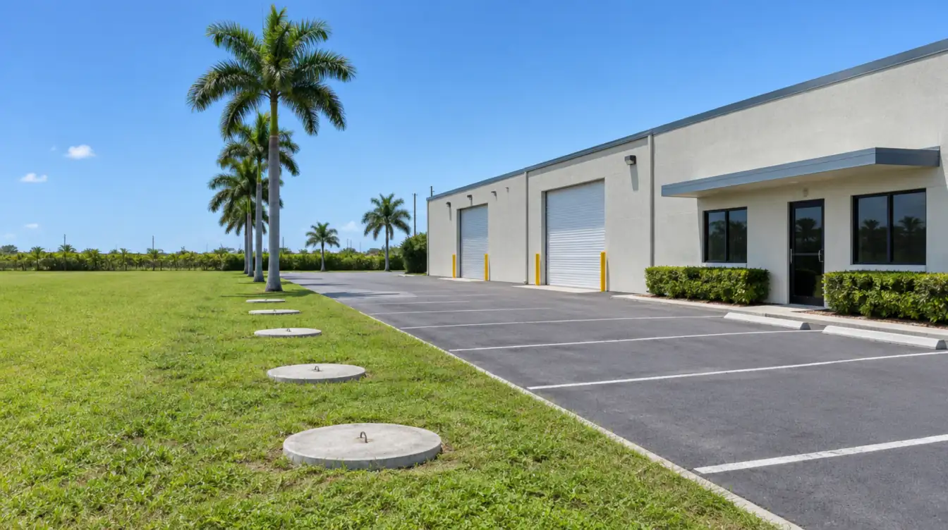A row of round concrete septic lids in a grass strip beside the parking lot of a small warehouse and office building