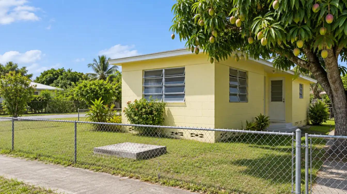 A small pale yellow concrete block home with jalousie windows behind a chain-link fence, a concrete septic lid in the front yard