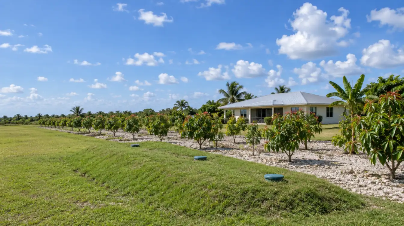 A grassy raised drain field mound with green caps in front of young fruit trees in white limestone soil and a single-story house