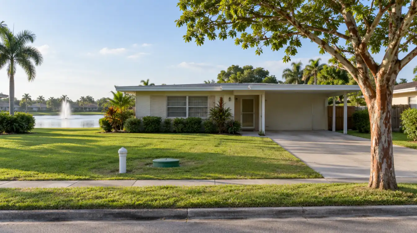 A 1970s ranch home with a carport beside a lake with a fountain, a white cleanout and a green septic lid in the front lawn