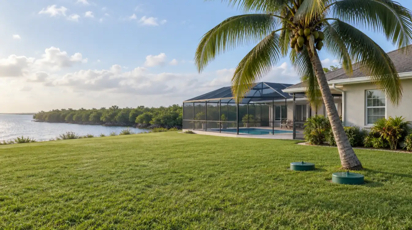 A home with a screened pool by the bay and a mangrove shoreline, two green septic riser lids in the lawn beside a coconut palm
