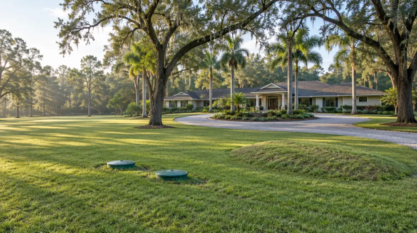 A long ranch home on a large lot under live oaks with two green septic lids and a grassy drain field mound in the wide lawn